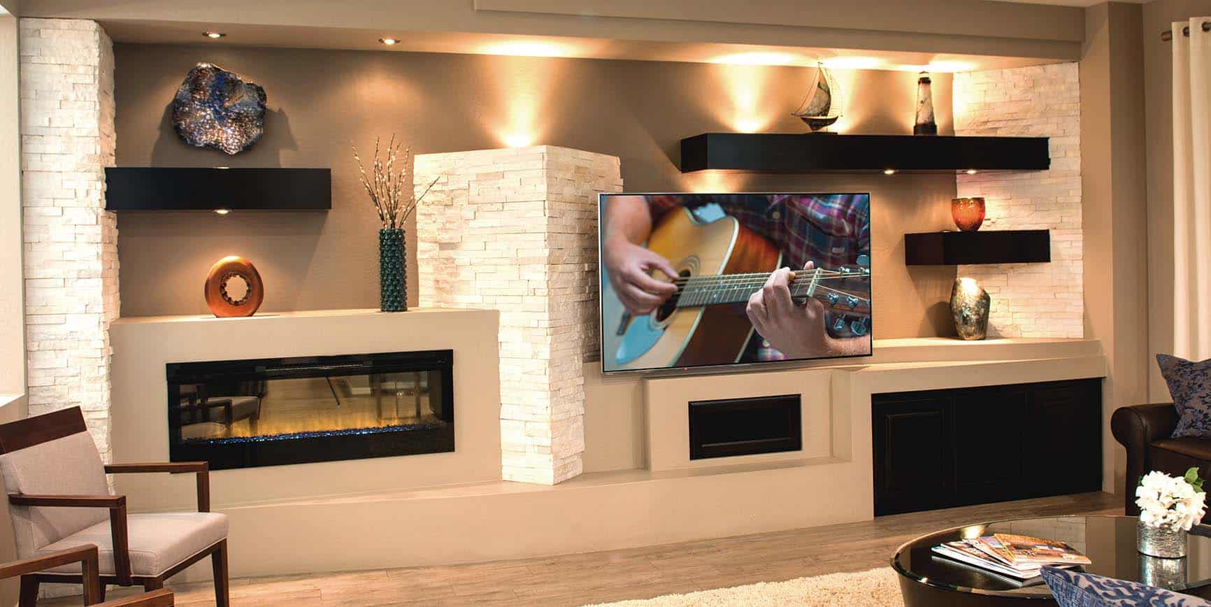 Custom Media Walls Entertainment, Wall To Entertainment Center Bookcase And Fireplace Design Inc